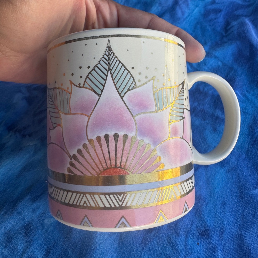 Vintage Laurel Burch Mug Celestial Lotus Pink Gold Ceramic Japan Art Deco 80 90s